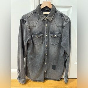 Allsaints Distressed Denim Shirt with Corduroy Collar (Medium)